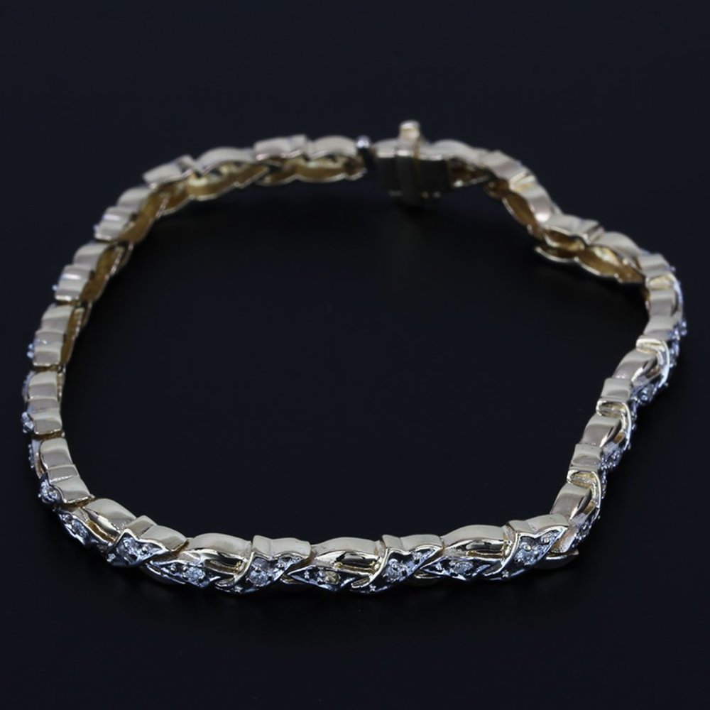 14k Two-Tone Gold Diamond Fancy Crossover Link Bracelet - Picture 3 of 7